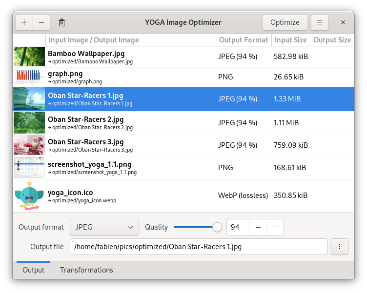YOGA Image Optimizer v1.2.0 main view with output options