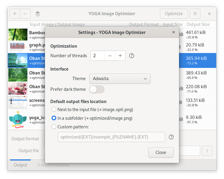 YOGA Image Optimizer v1.2.0 settings