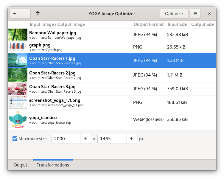 YOGA Image Optimizer v1.2.0 main view with transformation options
